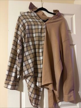 Women's Two-Tone Plaid & Solid Button-Down Shirt - Beige